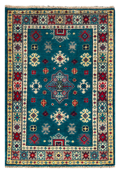 27012-Kazak Hand-Knotted/Handmade Afghan Rug/Carpet Tribal/Nomadic Authentic/ Size: 2'9" x 2'0"/84cm x 61cm