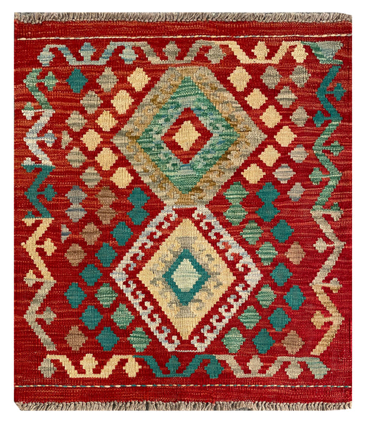 26020- Kelim Hand-Woven/Flat Weaved/Handmade Afghan /Carpet Tribal/Nomadic Authentic/Size: 3'0" x 2'6" / 91cm x 76cm
