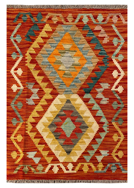 26033- Kelim Hand-Woven/Flat Weaved/Handmade Afghan /Carpet Tribal/Nomadic Authentic/Size: 2'11" x 2'0" / 89cm x 61cm