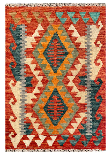 26071- Kelim Hand-Woven/Flat Weaved/Handmade Afghan /Carpet Tribal/Nomadic Authentic/Size: 2'11" x 2'0"/89cm x 61cm