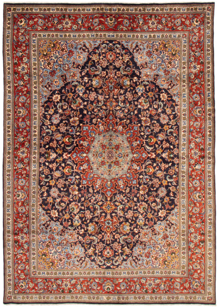 A traditional Sarough handmade/hand-knotted Persian rug with a floral and geometric pattern in multicolor.