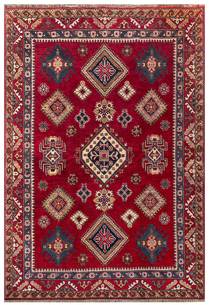25215-Kazak Hand-Knotted/Handmade Afghan Rug/Carpet Tribal/Nomadic Authentic/ Size: 6’5” x 4’10”/96cm x 147cm