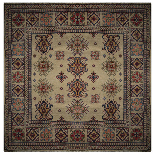 21566-Kazak Hand-Knotted/Handmade Afghan Rug/Carpet Tribal/Nomadic Authentic/Size: 6'6" x 6'4"/ 198cm x 193cm