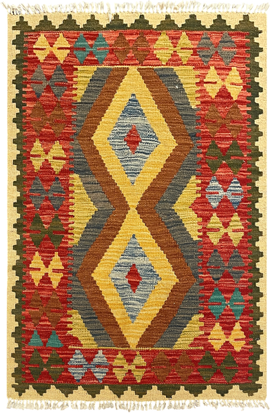 27481- Kelim Hand-Woven/Flat-Weaved/Afghan Kelim/Carpet Modern/Nomadic Authentic/Size: 3'9" x 2'5"/114cm x 74cm