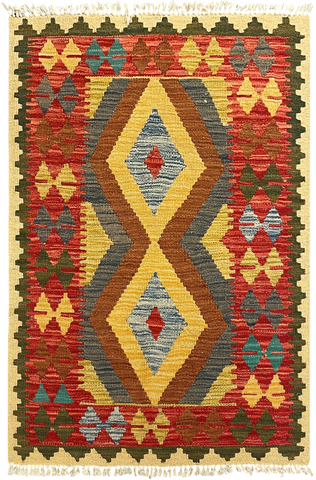 27481- Kelim Hand-Woven/Flat-Weaved/Afghan Kelim/Carpet Modern/Nomadic Authentic/Size: 3'9" x 2'5"/114cm x 74cm
