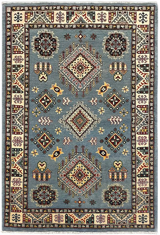 27525-Kazak Hand-Knotted/Handmade Afghan Rug/Carpet Tribal/Nomadic Authentic/ Size: 5'9" x 3'10"/175cm x 117cm