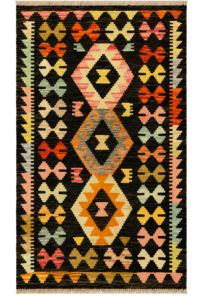27660 - Kelim Hand-Woven/Flat-Weaved/Afghan Kelim/Carpet Modern/Nomadic Authentic/Size: 4'2" x 2'7"/127cm ×79cm