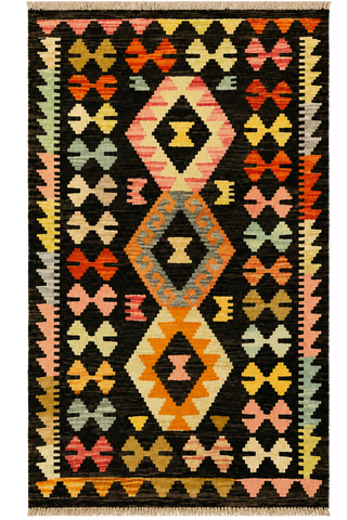 27660 - Kelim Hand-Woven/Flat-Weaved/Afghan Kelim/Carpet Modern/Nomadic Authentic/Size: 4'2" x 2'7"/127cm ×79cm