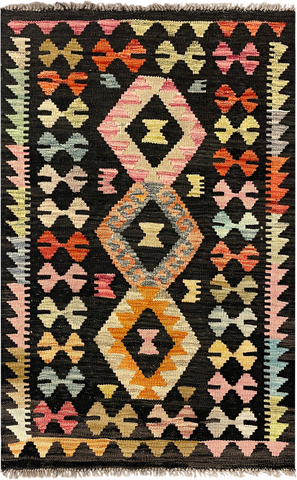 27660 - Kelim Hand-Woven/Flat-Weaved/Afghan Kelim/Carpet Modern/Nomadic Authentic/Size: 4'2" x 2'7"/127cm ×79cm
