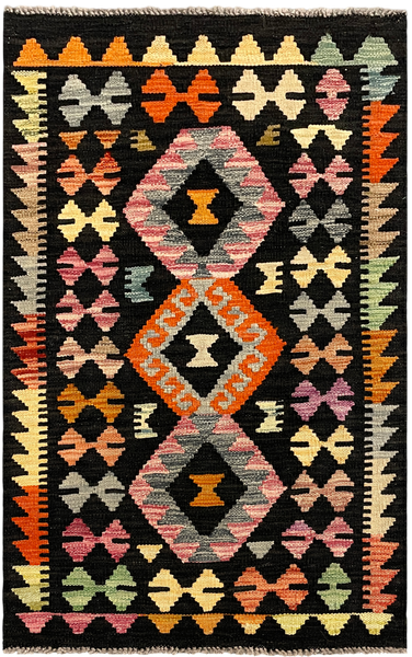 27661 - Kelim Hand-Woven/Flat-Weaved/Afghan Kelim/Carpet Modern/Nomadic Authentic/Size: 4'0" x 2'6"/122cm ×76cm