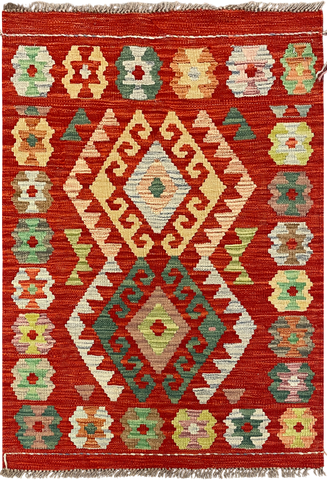 27662 - Kelim Hand-Woven/Flat-Weaved/Afghan Kelim/Carpet Modern/Nomadic Authentic/Size: 3'10" x 2'7"/117cm ×79cm