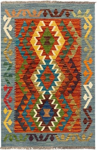 27671 - Kelim Hand-Woven/Flat-Weaved/Afghan Kelim/Carpet Modern/Nomadic Authentic/Size: 3'11" x 2'6"/119cm × 76cm