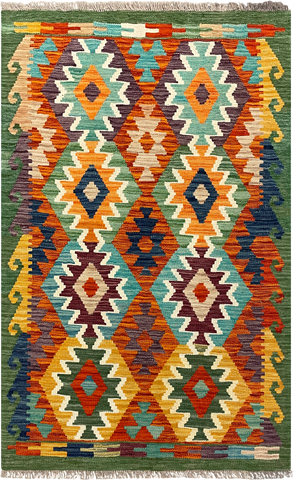 27687 - Kelim Hand-Woven/Flat-Weaved/Afghan Kelim/Carpet Modern/Nomadic Authentic/Size: 4'3" x 2'9"/130 cm × 84cm