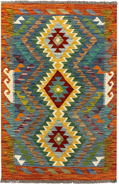 27704 - Kelim Hand-Woven/Flat-Weaved/Afghan Kelim/Carpet Modern/Nomadic Authentic/Size: 4'1" x 2'7"/124 cm × 79 cm