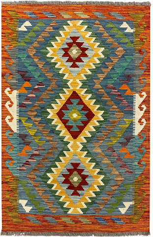 27704 - Kelim Hand-Woven/Flat-Weaved/Afghan Kelim/Carpet Modern/Nomadic Authentic/Size: 4'1" x 2'7"/124 cm × 79 cm