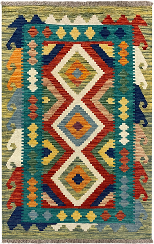 27706 - Kelim Hand-Woven/Flat-Weaved/Afghan Kelim/Carpet Modern/Nomadic Authentic/Size: 4'2" x 2'7"/127 cm × 79 cm