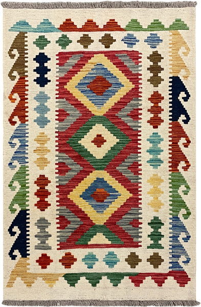 27708 - Kelim Hand-Woven/Flat-Weaved/Afghan Kelim/Carpet Modern/Nomadic Authentic/Size: 4'1" x 2'7"/124 cm × 79 cm