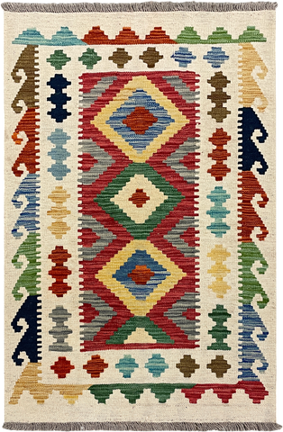 27708 - Kelim Hand-Woven/Flat-Weaved/Afghan Kelim/Carpet Modern/Nomadic Authentic/Size: 4'1" x 2'7"/124 cm × 79 cm