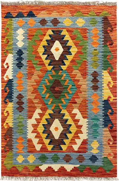 27710 - Kelim Hand-Woven/Flat-Weaved/Afghan Kelim/Carpet Modern/Nomadic Authentic/Size: 4'0" x 2'7"/122cm x 79cm