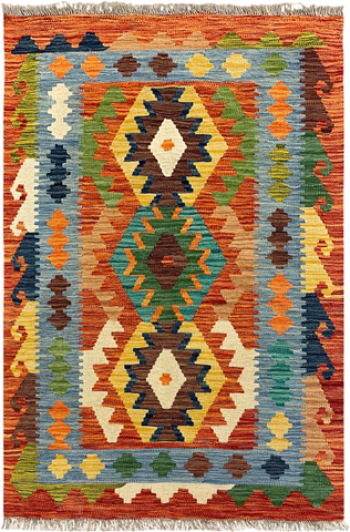 27710 - Kelim Hand-Woven/Flat-Weaved/Afghan Kelim/Carpet Modern/Nomadic Authentic/Size: 4'0" x 2'7"/122cm x 79cm