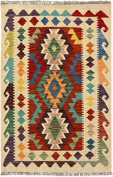 27711 - Kelim Hand-Woven/Flat-Weaved/Afghan Kelim/Carpet Modren/Nomadic Authentic/Size: 4'2" x 2'8"/127cm x 81cm