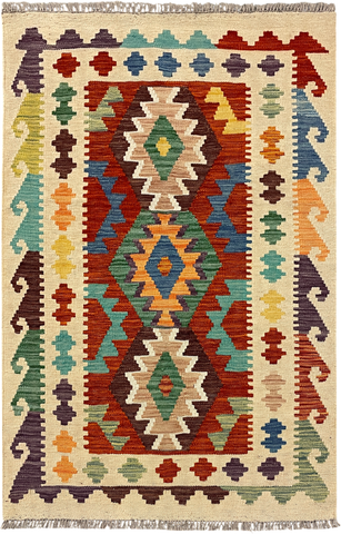 27711 - Kelim Hand-Woven/Flat-Weaved/Afghan Kelim/Carpet Modren/Nomadic Authentic/Size: 4'2" x 2'8"/127cm x 81cm