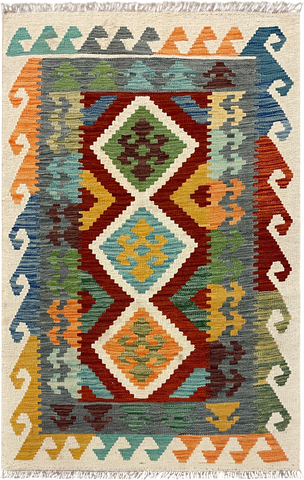 27712- Kelim Hand-Woven/Flat-Weaved/Afghan Kelim/Carpet Modren/Nomadic Authentic/Size: 4'3" x 2'8"/130cm x 81cm