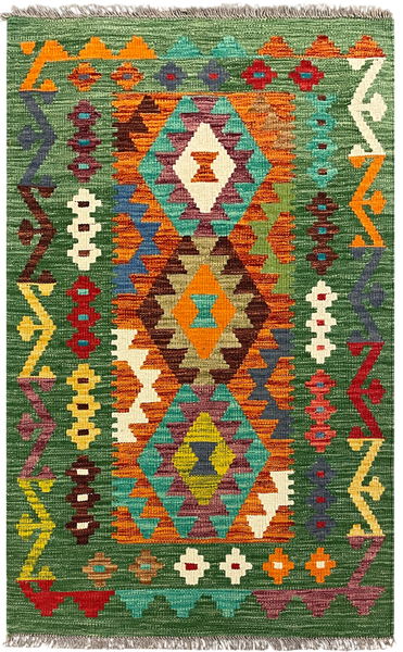 27713 - Kelim Hand-Woven/Flat-Weaved/Afghan Kelim/Carpet Modren/Nomadic Authentic/Size: 4'2" x 2'6"/127cm x 76cm