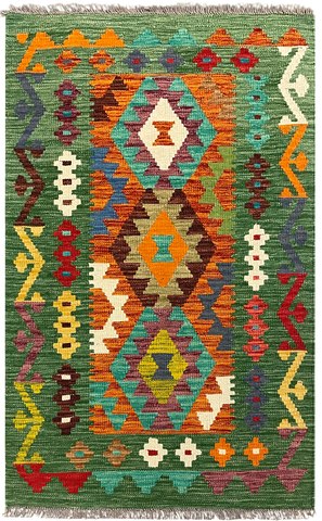 27713 - Kelim Hand-Woven/Flat-Weaved/Afghan Kelim/Carpet Modren/Nomadic Authentic/Size: 4'2" x 2'6"/127cm x 76cm