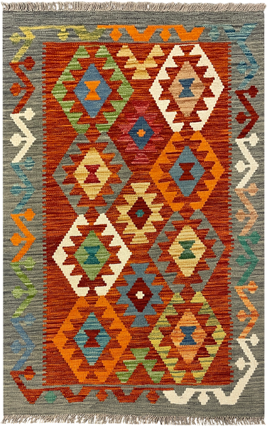 27716 - Kelim Hand-Woven/Flat-Weaved/Afghan Kelim/Carpet Modren/Nomadic Authentic/Size: 4'2" x 2'7"/127cm ×79cm