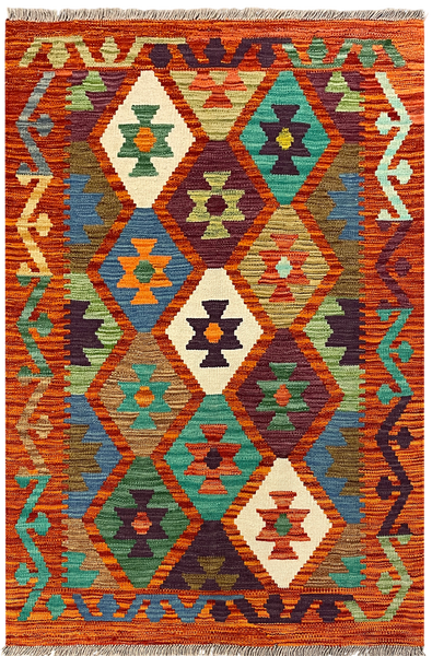 27727 - Kelim Hand-Woven/Flat-Weaved/Afghan Kelim/Carpet Modren/Nomadic Authentic/Size: 4'3" x 2'9"/130cm ×84cm