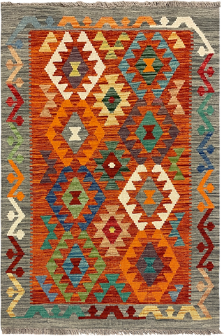 27738 - Kelim Hand-Woven/Flat-Weaved/Afghan Kelim/Carpet Modren/Nomadic Authentic/Size: 4'2" x 2'9"/127cm ×84cm
