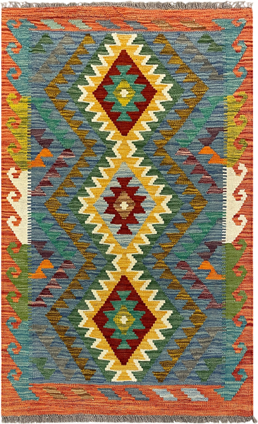 27746 - Kelim Hand-Woven/Flat-Weaved/Afghan Kelim/Carpet Modren/Nomadic Authentic/Size:  4'2" x 2'6"/127cm ×76cm