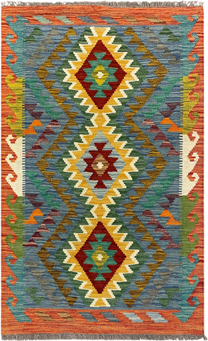 27746 - Kelim Hand-Woven/Flat-Weaved/Afghan Kelim/Carpet Modren/Nomadic Authentic/Size:  4'2" x 2'6"/127cm ×76cm