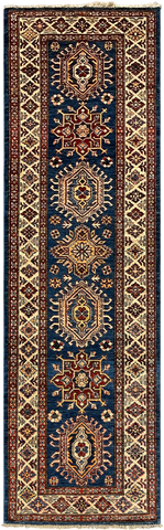 27780-Kazak Hand-Knotted/Handmade Afghan Rug/Carpet Tribal/Nomadic Authentic/ Size: 8'4" x 2'6"/254cm x 76cm