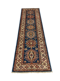 27780-Kazak Hand-Knotted/Handmade Afghan Rug/Carpet Tribal/Nomadic Authentic/ Size: 8'4" x 2'6"/254cm x 76cm