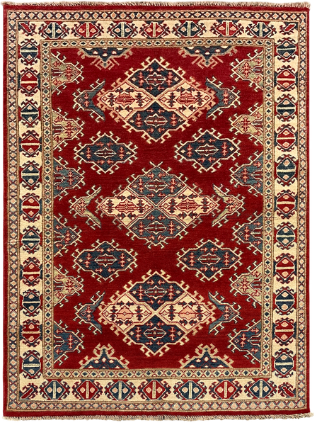 27796-Kazak Hand-Knotted/Handmade Afghan Rug/Carpet Tribal/Nomadic Authentic/ Size: 5'0" x 3'8"/155m x 112cm