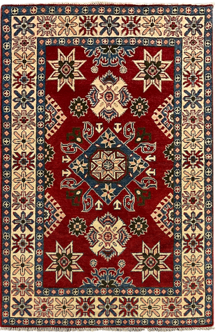 27797-Kazak Hand-Knotted/Handmade Afghan Rug/Carpet Tribal/Nomadic Authentic/ Size: 5'9" x 3'9"/175m x 114cm