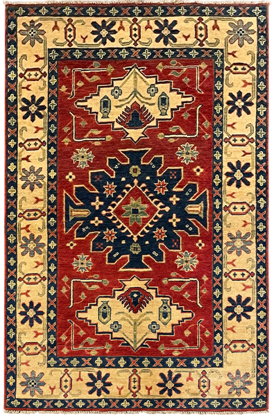 27798-Kazak Hand-Knotted/Handmade Afghan Rug/Carpet Tribal/Nomadic Authentic/ Size: 5'10" x 3'9"/178m x 114cm