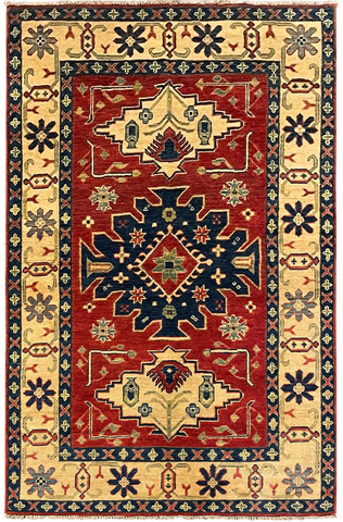 27798-Kazak Hand-Knotted/Handmade Afghan Rug/Carpet Tribal/Nomadic Authentic/ Size: 5'10" x 3'9"/178m x 114cm