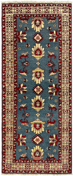 27803-Kazak Hand-Knotted/Handmade Afghan Rug/Carpet Tribal/Nomadic Authentic/ Size: 6'5" x 2'7"/196m x 79cm
