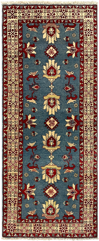 27803-Kazak Hand-Knotted/Handmade Afghan Rug/Carpet Tribal/Nomadic Authentic/ Size: 6'5" x 2'7"/196m x 79cm
