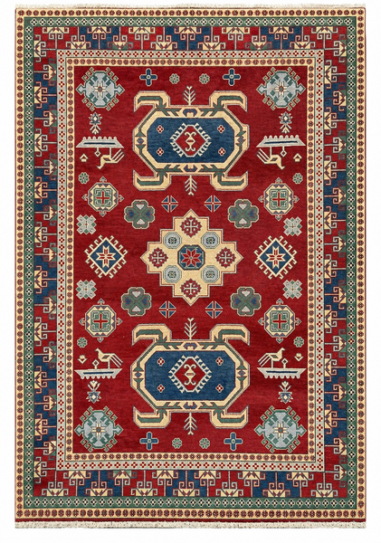 27924-Royal Kazak Hand-Knotted/Handmade Afghan Rug/Carpet Tribal/Nomadic Authentic/ Size: 9'4" x 6'3" / 284cm x 191cm/284m x 191cm