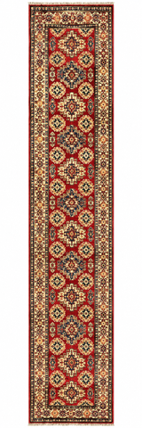27804-Kazak Hand-Knotted/Handmade Afghan Rug/Carpet Tribal/Nomadic Authentic/ Size:12'6" x 2'6" / 381cm x 76cm/381m x 76cm
