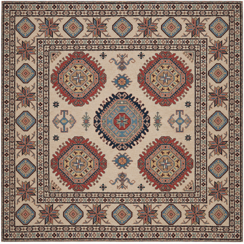 21562-Kazak Hand-Knotted/Handmade Afghan Rug/Carpet Tribal/ Nomadic Authentic/ Size: 6'6''x 6'3''/198cm x 191cm