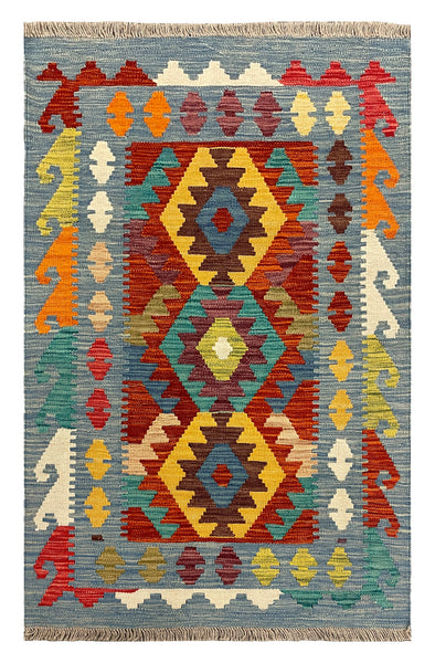27680 - Kelim Hand-Woven/Flat-Weaved/Afghan Kelim/Carpet Modern/Nomadic Authentic/Size: 4'1" x 2'6"/124cm ×76cm