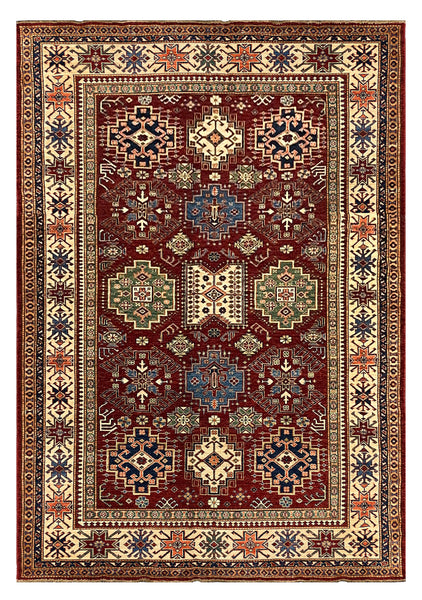 27538-Kazak Hand-Knotted/Handmade Afghan Rug/Carpet Tribal/Nomadic Authentic/ Size: 8'7" x 6'2"/262cm x 188cm