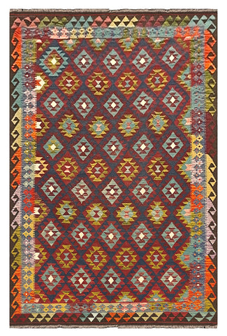 27542 - Kelim Hand-Woven/Flat-Weaved/Afghan Kelim/Carpet Modern/Nomadic Authentic/Size: 9'10" x 6'6"/118cm × 198cm