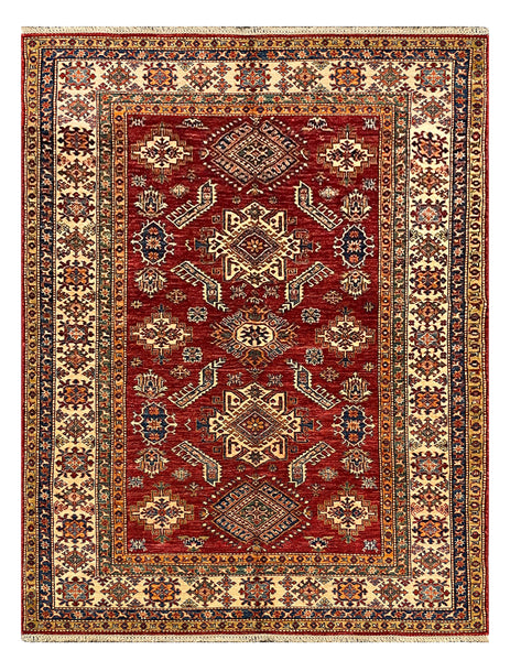 27479-Kazak Hand-Knotted/Handmade Afghan Rug/Carpet Tribal/Nomadic Authentic/ Size: 7'4" x 5'7"/224cm x 170cm