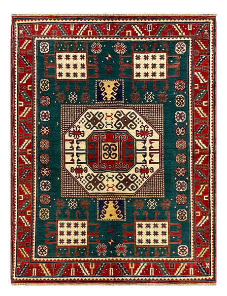 27785-Kazak Hand-Knotted/Handmade Afghan Rug/Carpet Tribal/Nomadic Authentic/ Size: 6'5" x 4'10"/196cm x 147cm